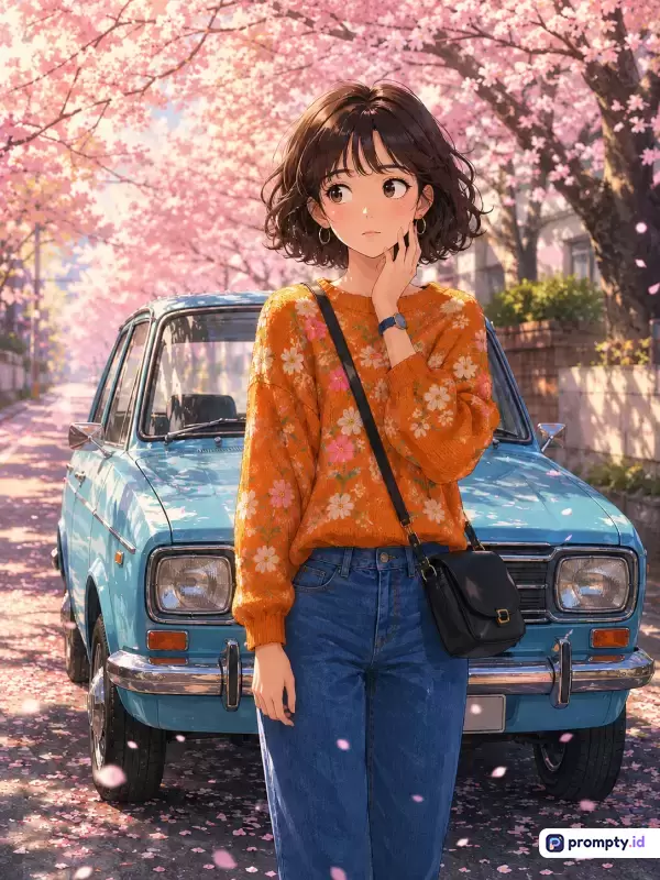 Gambar bergaya ilustrasi anime ini menampilkan seorang wanita muda berambut pendek ikal mengenakan sweter jingga bermotif bunga dan celana jeans, berdiri di depan mobil klasik berwarna biru dengan latar belakang pohon sakura yang sedang bermekaran, dengan kata kunci wanita, anime, mobil klasik, bunga sakura, musim semi, jingga, biru, dan merah muda, serta didominasi oleh warna jingga, biru, dan merah muda.