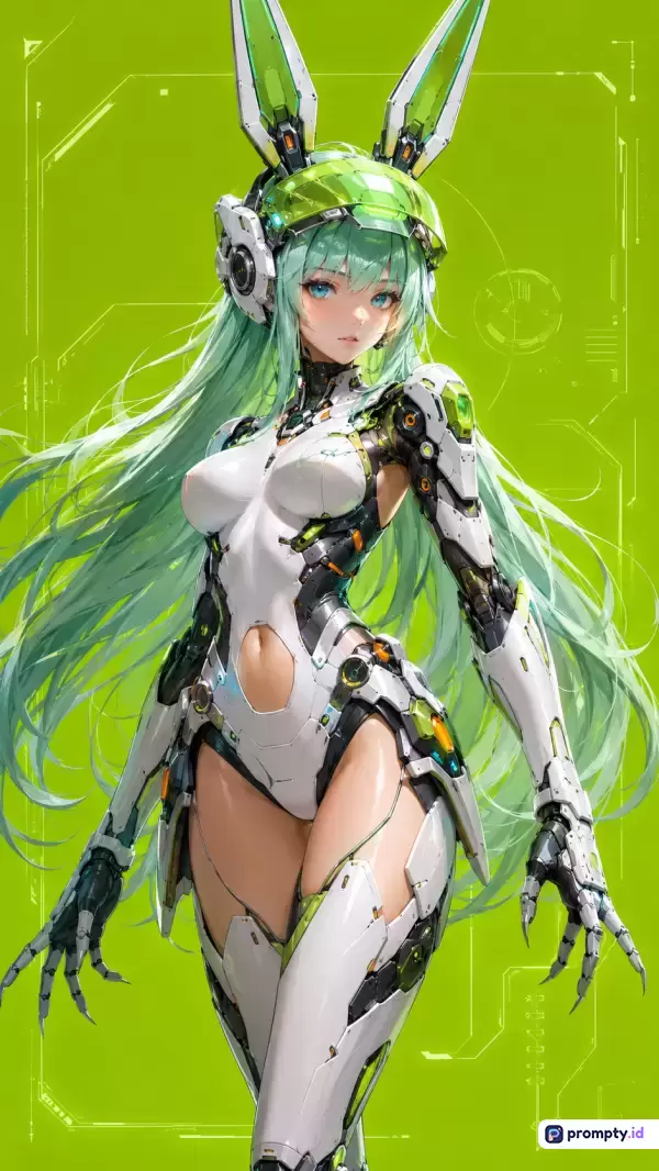 Gambar bergaya anime fiksi ilmiah ini menampilkan karakter cyborg wanita berambut hijau panjang dengan aksesori telinga kelinci mekanis, mengenakan pakaian pelindung futuristik berwarna putih dan hitam dengan latar belakang hijau terang berhiaskan elemen antarmuka digital, menggunakan kata kunci seperti cyborg, anime, sci-fi, masa depan, kelinci mekanis, serta didominasi oleh tiga warna utama yaitu hijau terang, putih, dan hitam.