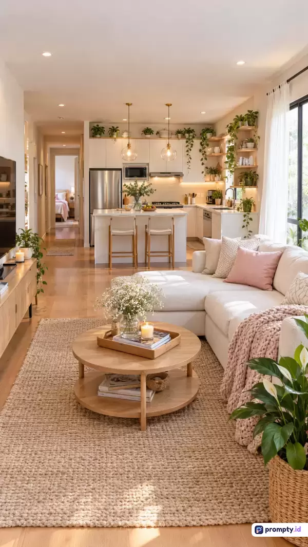 Gambar fotografi interior bergaya modern minimalis ini menampilkan ruang tamu dan dapur terbuka yang dipenuhi cahaya alami dengan konten utama sofa putih, meja kopi kayu bundar, dan tanaman hias hijau yang asri, serta menggunakan kata kunci desain interior, ruang tamu modern, konsep terbuka, dekorasi tanaman, dan rumah nyaman, dengan palet warna dominan putih, cokelat kayu, dan krem, serta tiga warna dominan yaitu putih, cokelat kayu, dan hijau daun.