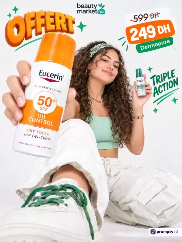 Gambar dengan gaya fotografi komersial ceria ini menampilkan wanita berambut keriting yang memegang produk Eucerin Sun Gel-Cream dan serum dengan konten promosi diskon Offert, yang didominasi oleh kata kunci perawatan kulit, kecantikan, Eucerin, SPF 50+, dan promo, serta didukung oleh palet warna oranye, hijau mint, dan putih, dengan tiga warna dominan yaitu Oranye, Hijau, dan Putih.