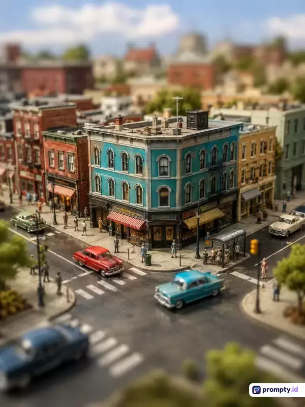 Gambar maket perkotaan bergaya fotografi tilt-shift ini menampilkan diorama kota klasik dengan bangunan komersial, mobil retro, dan miniatur orang yang bernuansa nostalgia, menggunakan kata kunci diorama, miniatur, kota, retro, dan tilt-shift, dengan dominasi warna biru pirus, merah bata, dan abu-abu aspal.