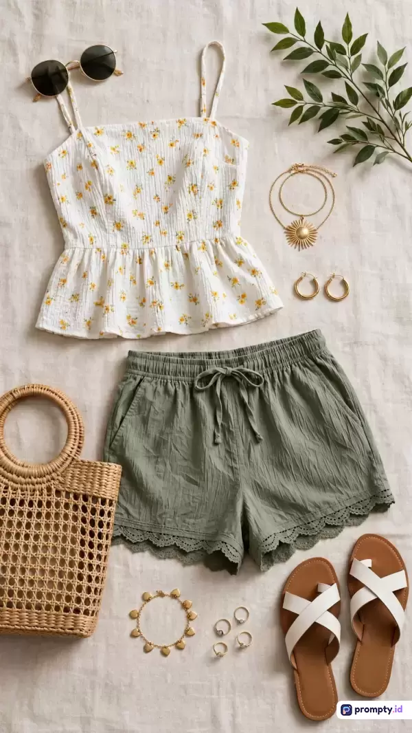 Gambar bergaya *flat lay* estetis ini menampilkan konten fesyen musim panas kasual yang terdiri dari atasan putih bermotif bunga kuning, celana pendek hijau sage, sandal putih-cokelat, tas rotan, kacamata hitam, perhiasan emas, dan hiasan daun, dengan kata kunci busana musim panas, pakaian wanita, gaya kasual, *flat lay*, dan estetika tropis, didominasi oleh warna putih, hijau sage, dan cokelat.
