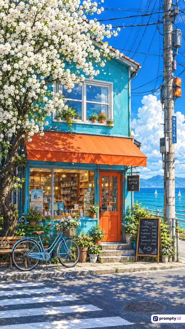 Gambar dengan gaya ilustrasi digital bergaya anime ini menampilkan sebuah kafe tepi pantai yang estetis dan cerah, dengan konten berupa bangunan biru toska beratap oranye, sepeda biru terparkir di depan, pohon berbunga putih lebat, serta pemandangan laut biru dan langit cerah, yang diperkaya dengan kata kunci seperti kafe jepang, estetika musim semi, pemandangan laut, dan ilustrasi anime, didominasi oleh palet warna biru toska, oranye cerah, dan putih bersih.