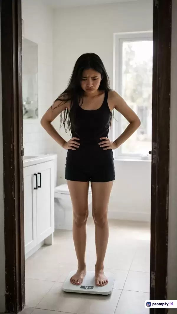 Foto bergaya candid realistis ini menampilkan seorang wanita muda berambut panjang mengenakan pakaian hitam, berdiri dengan ekspresi kecewa di atas timbangan digital dalam kamar mandi bernuansa terang, dengan kata kunci: wanita, timbangan, berat badan, cemas, kamar mandi; dominasi warna putih, hitam, dan abu-abu.