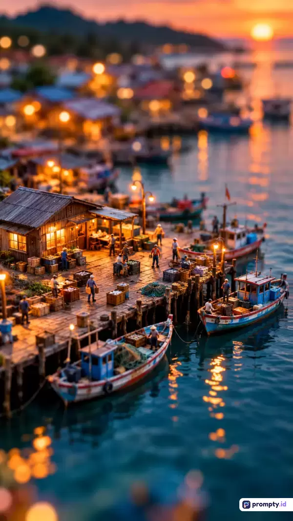 Gambar bergaya diorama tilt-shift ini menampilkan konten desa nelayan pesisir saat senja dengan kata kunci miniatur, dermaga, perahu, dan matahari terbenam, didominasi oleh warna jingga, biru tua, dan cokkayu.
