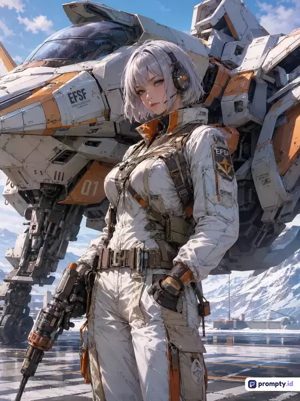 Gambar bergaya anime digital futuristis ini menampilkan seorang pilot wanita berambut putih pendek berseragam EFSF putih-oranye dengan latar belakang mecha raksasa dan landasan bersalju, dengan kata kunci mecha, pilot wanita, fiksi ilmiah, anime, EFSF, futuristis, snow, dan didominasi oleh warna putih, oranye, serta abu-abu.