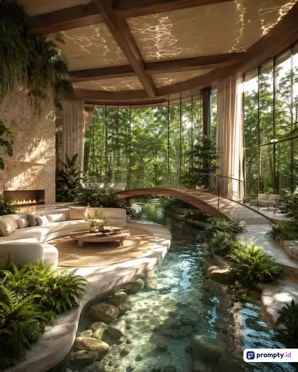 Gambar bergaya arsitektur modern tropis yang menampilkan konten interior mewah dengan elemen alam, memiliki kata kunci desain interior, rumah kaca, dan aliran air, serta didominasi oleh warna hijau daun, cokelat kayu, dan putih krem.