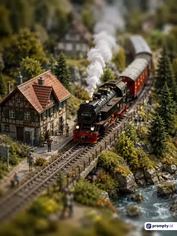 Gambar ini menampilkan model diorama miniatur bergaya fotografi makro tilt-shift yang sangat detail, menggambarkan kereta api uap klasik berwarna hitam dan merah yang sedang melintas di jalur rel melalui desa pegunungan yang asri dengan rumah-rumah bergaya tradisional Eropa, pepohonan hijau pinus, dan sungai berbatu, serta menggunakan kata kunci diorama, kereta api uap, miniatur, tilt-shift, pedesaan, maket, dan lanskap dengan didominasi oleh warna hijau hutan, cokelat tanah, dan merah bata.