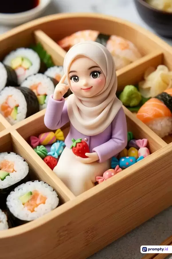Gambar dengan gaya fotografi makro dan render 3D bergaya chibi ini menampilkan konten figur wanita berhijab pastel yang duduk manis di dalam kotak bento kayu berisi sushi dan permen, dengan kata kunci bento, sushi, hijab, figur chibi, dan makanan jepang, serta didominasi oleh warna krem, ungu muda, dan oranye.