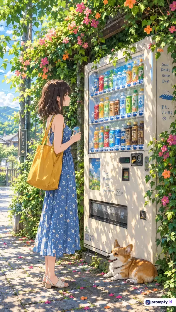 Gambar bergaya ilustrasi anime Makoto Shinkai ini menampilkan konten seorang wanita berambut pendek memakai dress biru bermotif bunga dan tas kuning sedang memilih minuman di vending machine di bawah rindangnya pohon berbunga, ditemani seekor anjing Corgi yang duduk manis di trotoar, dengan dominasi warna biru, hijau, dan kuning, serta kata kunci: anime, wanita, vending machine, musim panas, alam, estetis, dan ilustrasi.