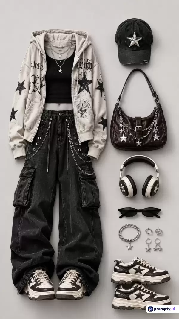 Gambar bergaya *flat lay* modern ini menampilkan setelan busana *streetwear* bernuansa *Y2K grunge* berwarna abu-abu, hitam, dan putih, yang terdiri dari jaket *hoodie* grafis bintang, celana kargo denim belel, kaus oblong, topi bisbol, tas bahu rantai, headphone, kacamata hitam, perhiasan perak, dan sepatu kets tebal, dengan kata kunci utama fesyen alternatif, gaya jalanan, dan estetika retro, serta didominasi oleh warna hitam, putih, dan abu-abu.