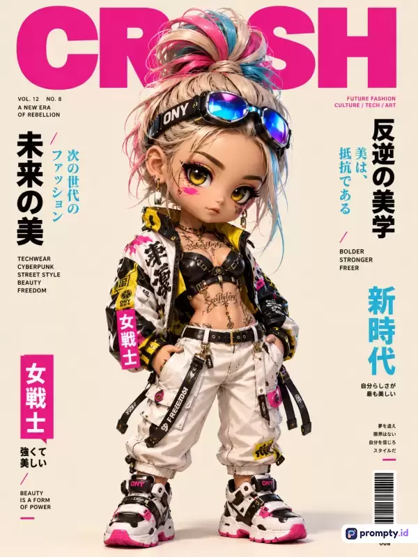 Gambar bergaya sampul majalah digital dengan ilustrasi karakter boneka chibi bergaya cyberpunk dan *streetwear* ini menampilkan konten sesosok wanita bertato mengenakan jaket bercorak dan celana kargo putih, yang didukung oleh kata kunci majalah, fesyen masa depan, cyberpunk, dan boneka, serta didominasi oleh warna merah muda, hitam, dan putih.