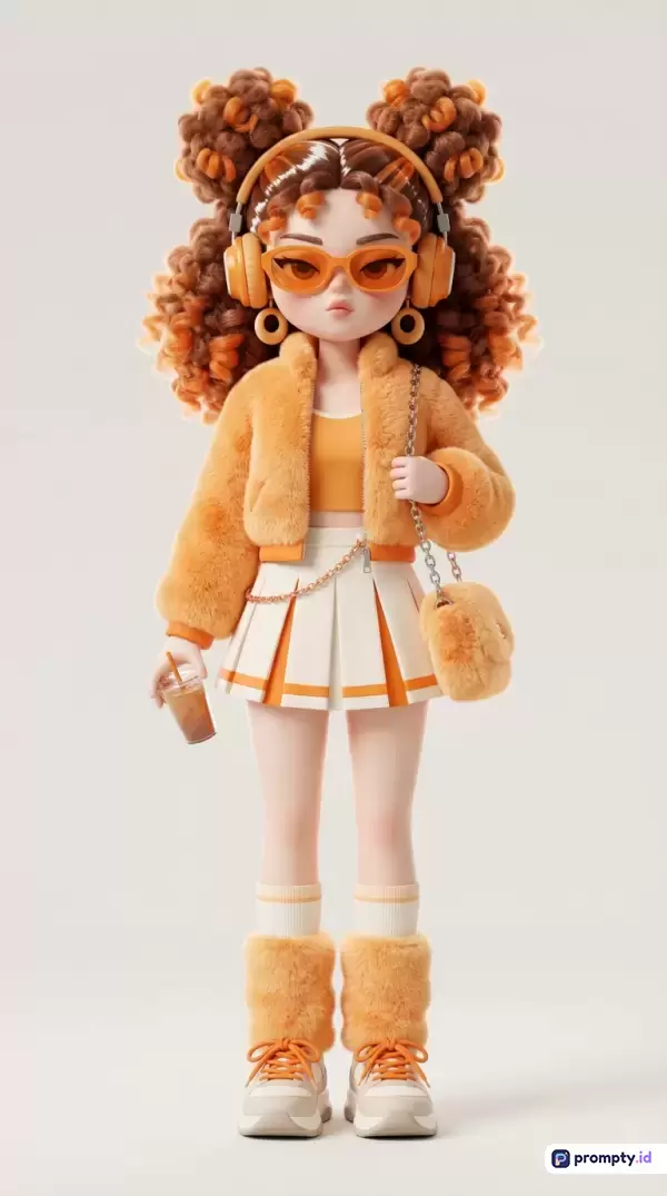 Gambar bergaya figurin 3D digital modern yang menampilkan karakter wanita muda modis dengan gaya rambut keriting bervolume, mengenakan jaket bulu, rok lipit, kacamata hitam, serta headphone berwarna jingga senada, membawa secangkir minuman dan tas tangan, dengan konten yang menonjolkan estetika fesyen urban, kata kunci boneka 3D, karakter trendi, fashionista, gaya modern, ilustrasi digital, dan tiga warna dominan yaitu oranye (jingga), putih krem, serta cokelat karamel.