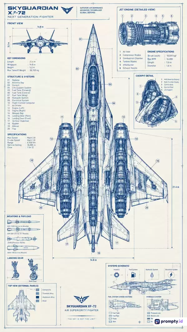 Gambar teknik bergaya cetak biru (blueprint) klasik berwarna biru tua, putih, dan krem ini menampilkan analisis konten desain jet tempur futuristik XF-72 Skyguardian yang dilengkapi dengan berbagai skema detail, spesifikasi teknis, dimensi, detail mesin, kokpit, senjata, serta kata kunci penerbangan, pertahanan udara, militer, dan teknologi kedirgantaraan.