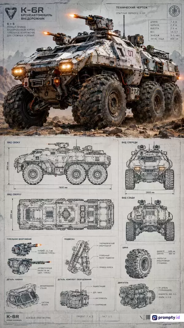 Gambar berkonsep cetak biru militer fiksi ilmiah bergaya digital art ini menampilkan kendaraan tempur lapis baja 6x6 bernama K-6R yang dilengkapi dengan berbagai diagram teknis, roda besar, senjata futuristik, dan teks Rusia, dengan kata kunci kendaraan militer, tank masa depan, cetak biru, sci-fi, dan strategi, serta didominasi oleh tiga warna utama yaitu abu-abu, putih, dan cokelat.
