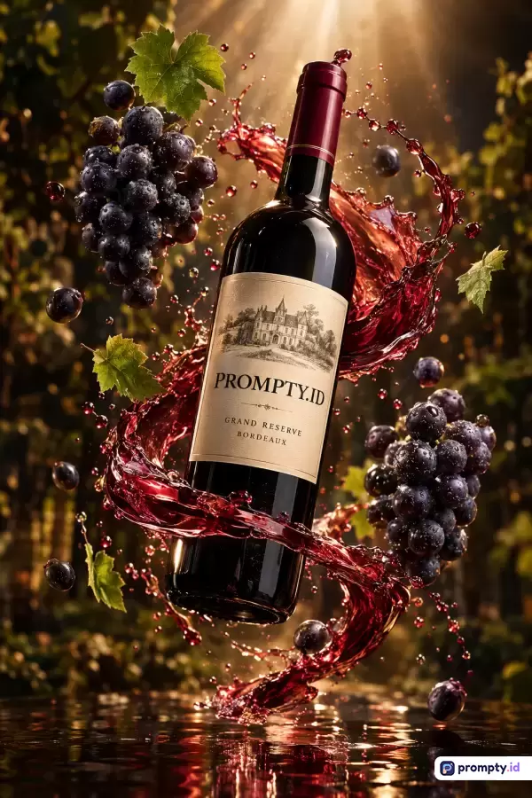 Gambar bergaya fotografi komersial dinamik ini menampilkan konten botol anggur merah merek PROMPTY.ID Grand Reserve Bordeaux yang dikelilingi cipratan cairan merah dramatis, buah anggur segar, dan daun hijau berlatar belakang kebun anggur dengan pencahayaan matahari temaram, menggunakan kata kunci anggur merah, botol wine, cipratan, kebun anggur, mewah, didominasi oleh warna merah marun, cokelat keemasan, dan hitam.