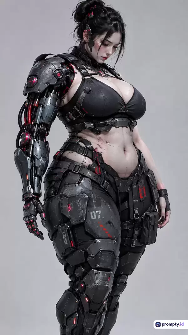 Gambar bergaya digital art sci-fi ini menampilkan seorang wanita berdaging dengan lengan dan pakaian pelindung cybernetic futuristik, menggunakan kata kunci wanita cyborg, sci-fi, armor, futuristik, dan robotik, dengan dominasi warna abu-abu gelap, hitam, dan merah.