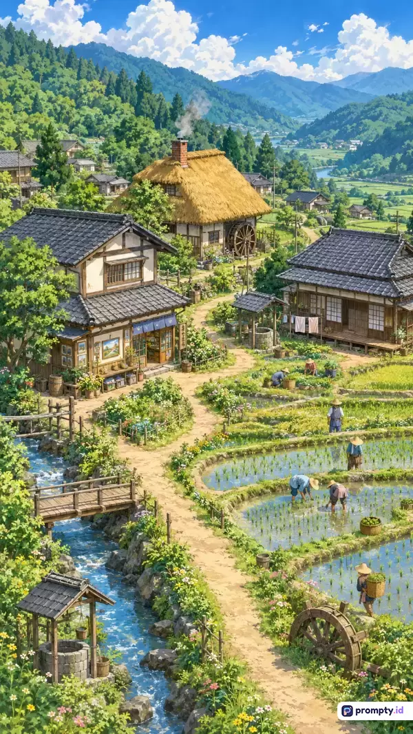Gambar bergaya anime Ghibli ini menampilkan pemandangan pedesaan Jepang yang asri dengan konten rumah tradisional beratap jerami dan genteng, sawah terasering yang dikerjakan petani, serta aliran sungai jernih, yang diperkaya dengan kata kunci pedesaan, pertanian, alam, dan nostalgia, didominasi oleh warna hijau daun, cokelat tanah, dan biru langit.
