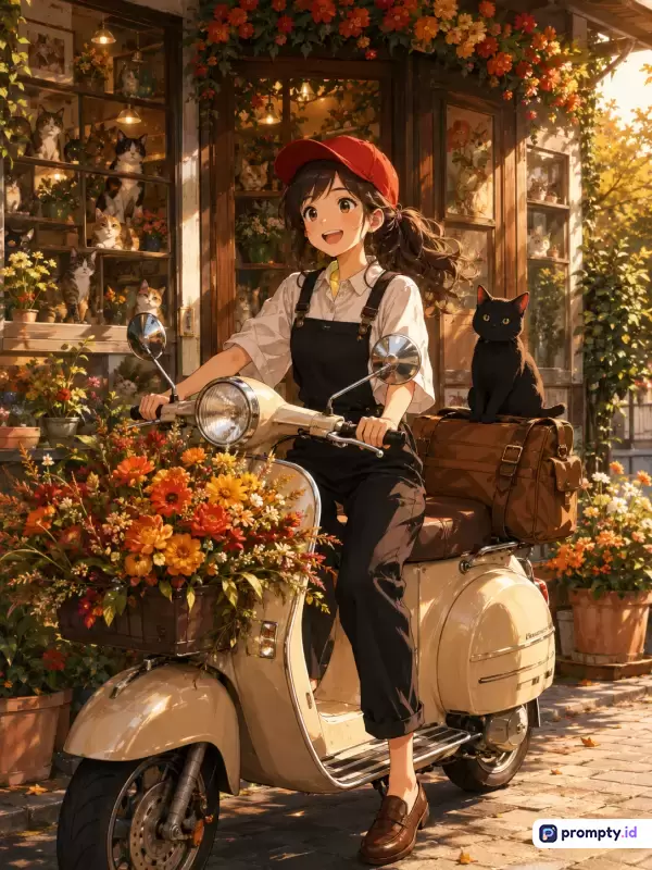 Gambar bergaya anime hangat ini menampilkan seorang gadis ceria ber topi merah yang sedang menaiki skuter krem sarat bunga bersama kucing hitam, dengan 3 warna dominan yaitu oranye keemasan, cokelat tua, dan krem, serta kata kunci anime, skuter, gadis, bunga, kucing, musim gugur, dan vintage.