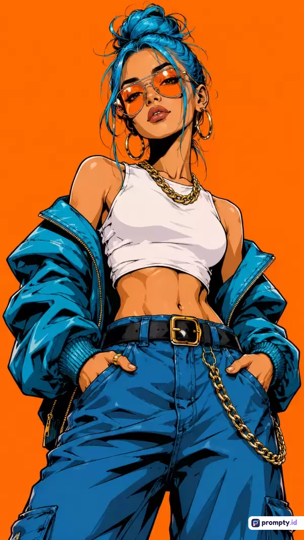 Gambar bergaya ilustrasi digital pop-art modern ini menampilkan konten wanita muda berpenampilan streetwear edgy dengan rambut biru, mengenakan jaket dan celana biru, atasan putih, serta kacamata hitam berbingkai emas, yang diperkaya dengan kata kunci seni digital, wanita, gaya jalanan, dan estetika pop-art, serta didominasi oleh warna oranye cerah, biru elektrik, dan putih bersih.