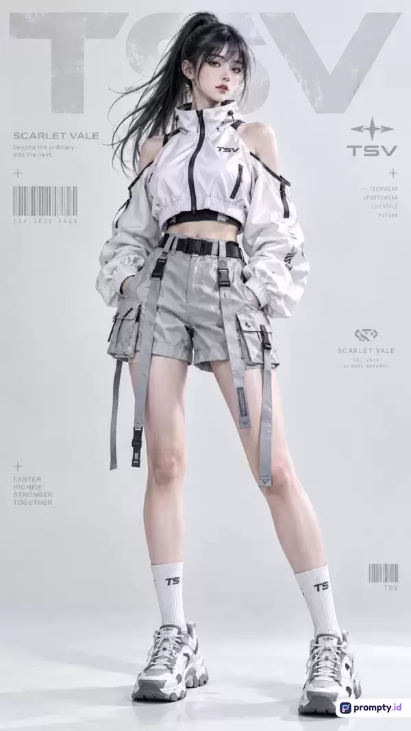 Gambar bergaya ilustrasi digital anime modern berlatar futuristik ini menampilkan seorang model wanita mengenakan pakaian *techwear* putih dan abu-abu dengan aksen tali serta latar belakang minimalis tipografi industrial, yang merepresentasikan kata kunci fesyen masa depan, *cyberpunk*, dan estetika urban, dengan dominasi warna putih, abu-abu perak, dan hitam arang.