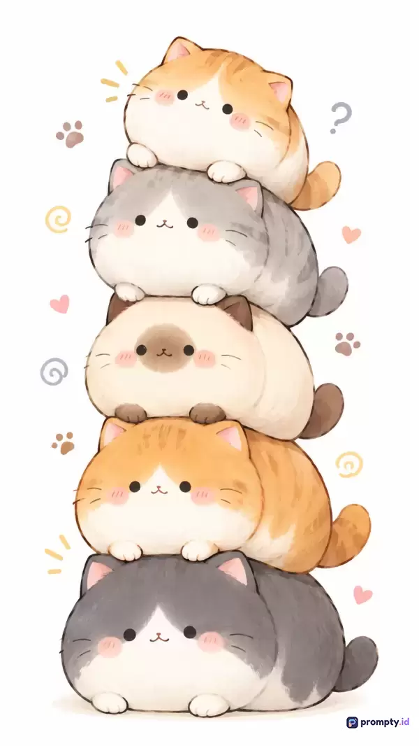 Gambar bergaya ilustrasi digital *chibi* yang menggemaskan ini menampilkan konten tumpukan lima kucing gemuk dengan ekspresi lucu, menggunakan kata kunci kucing, kawaii, tumpukan, hewan, dan ilustrasi, serta didominasi oleh warna jingga, abu-abu, dan krem.
