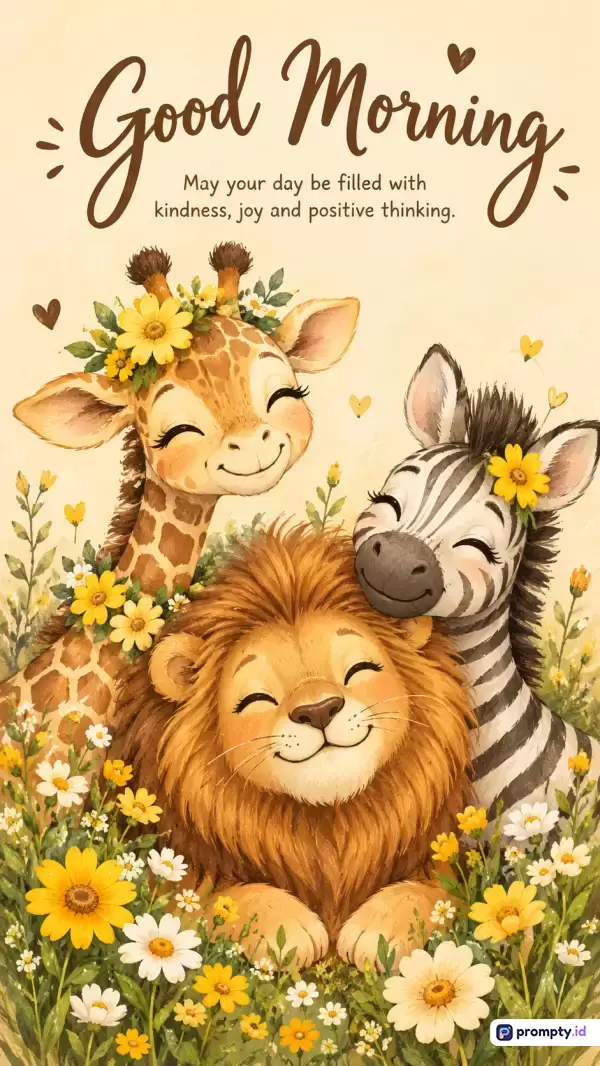 Gambar bergaya ilustrasi cat air manis ini menampilkan jerapah, singa, dan zebra yang tersenyum di antara bunga-bunga dengan teks Good Morning, menggunakan palet warna cokelat tua, kuning cerah, dan krem, serta kata kunci hewan safari, ucapan selamat pagi, dan estetika hangat.
