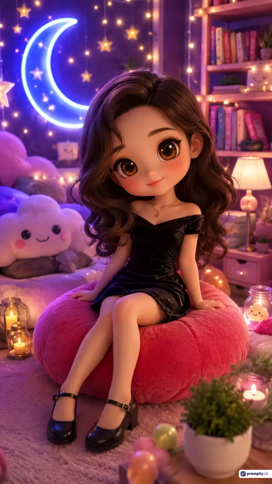 Gambar bergaya 3D digital render bergenre chibi/boneka ini menampilkan seorang gadis berambut cokelat ikal mengenakan gaun hitam yang duduk di atas pouf merah muda, dengan latar belakang kamar tidur estetis bernuansa ungu dan biru yang dipenuhi lampu peri, lampu neon bulan sabit, dan dekorasi hangat, menghasilkan kumpulan kata kunci seperti seni digital, chibi, boneka, kamar tidur estetik, lampu neon, malam hari, ungu, merah muda, hangat, dan imut.