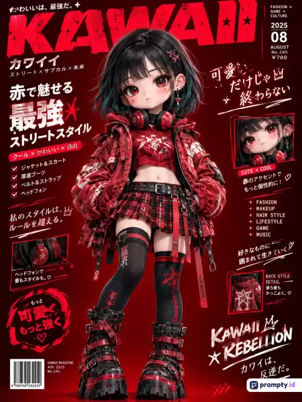 Gambar ber-style majalah digital Jepang modern bergenre pop-culture menampilkan karakter anime chibi bergaya streetwear rebel dengan warna dominan merah menyala, hitam pekat, dan putih bersih, serta kata kunci: kawaii, anime, goth, majalah, street-fashion, rebel, cyberpunk, dan kawaii-rebellion.