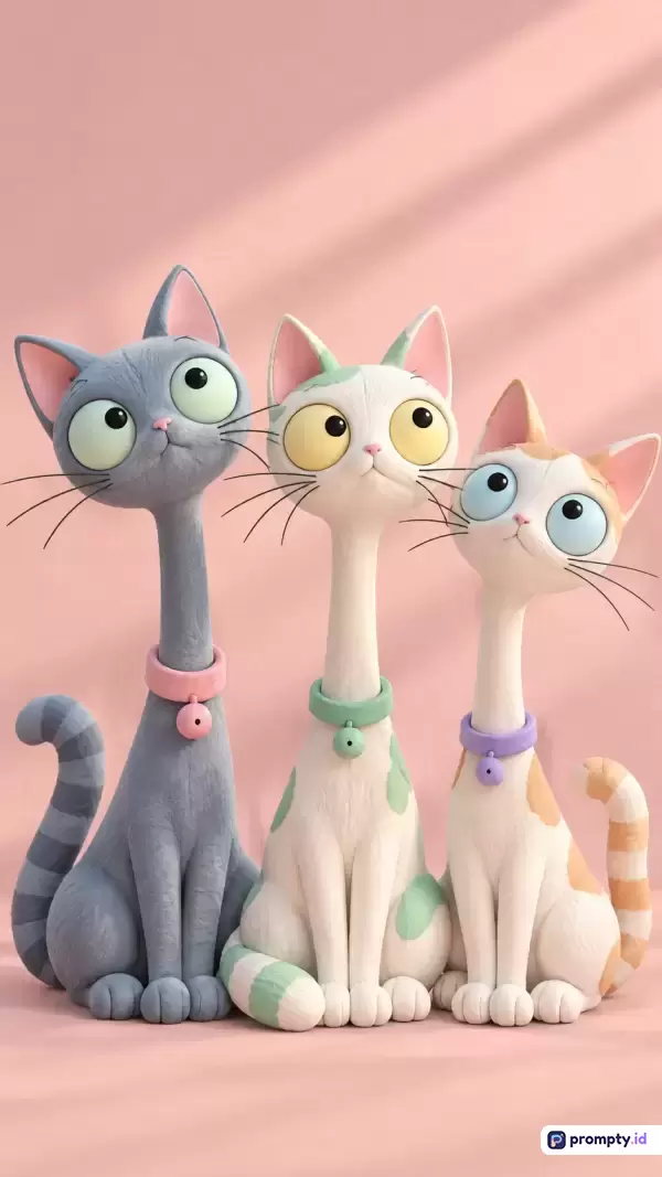 Gambar ini menampilkan karya seni digital 3D berstyle kartun minimalis yang menampilkan konten tiga patung kucing leher panjang berpose anggun dengan warna dominan merah muda, abu-abu, dan putih, serta kata kunci kucing, seni 3D, patung, kartun, dan leher panjang.