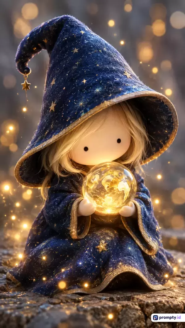 Gambar bergesekan gaya ilustrasi digital 3D chibi yang menggemaskan ini menampilkan konten seorang karakter penyihir kecil berambut pirang mengenakan jubah dan topi biru bertabur bintang bermotif malam dengan kata kunci fantasi, sihir, dongeng, dan menggemaskan, didominasi oleh warna biru tua, kuning keemasan, dan putih lembut.