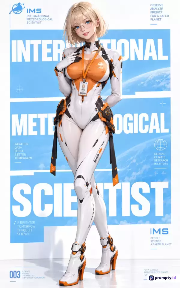Gambar digital bergenre anime sci-fi ini menampilkan seorang wanita berambut pirang berkacamata mengenakan pakaian futuristik putih-oranye berlatar belakang poster institusi meteorologi dengan dominasi warna biru langit, putih, dan oranye, serta memuat kata kunci seperti ilmuwan meteorologi, sains masa depan, dan teknologi iklim.