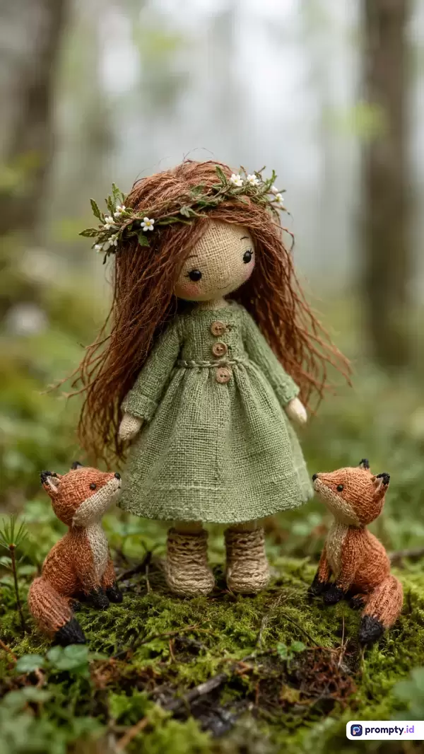 Gambar fotografi makro bergaya dongeng buatan tangan ini menampilkan boneka kain berambut cokelat bergaun hijau dengan mahkota bunga, ditemani dua boneka rubah rajut di atas lumut hutan, dengan palet warna dominan hijau, cokelat, dan jingga, serta kata kunci boneka kain, peri hutan, rubah rajut, buatan tangan, dan alam magis.