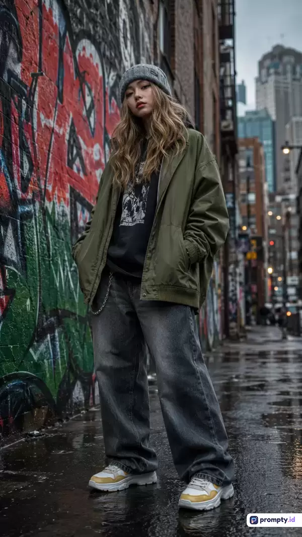 Gambar fotografi potret bergaya urban street style ini menampilkan seorang wanita muda berambut pirang ikal dengan topi kupluk abu-abu, mengenakan jaket bomber hijau zaitun, kaos hitam, dan celana jeans longgar abu-abu tua, berpose percaya diri di lorong kota yang basah dengan latar belakang dinding penuh grafiti dan gedung-gedung tinggi, serta memiliki kata kunci mode jalanan, gaya urban, grafiti, potret kota, dan wanita muda, dengan dominasi warna hijau zaitun, abu-abu, dan hitam.