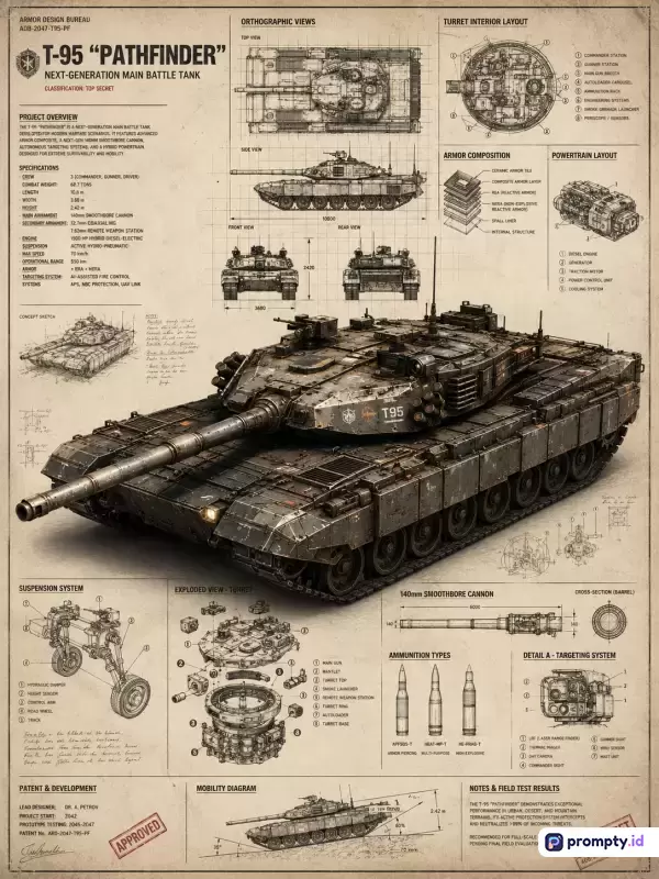 Ilustrasi teknik gaya cetak biru vintage berwarna sepia dengan skema militer menampilkan tank tempur utama T-95 Pathfinder, lengkap dengan ortografi, spesifikasi, diagram komponen, dan kata kunci industri pertahanan.