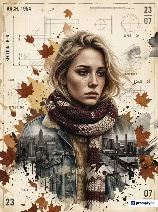 Gambar bergaya ilustrasi digital campuran vintage dan sketsa arsitektur tahun 1954 ini menampilkan seorang wanita berambut pirang bermata hijau dengan syal tebal rajut di atas jaket denim dengan efek eksposur ganda pemandangan kota, dihiasi daun-daun musim gugur dan noda cat air, dengan kata kunci: wanita, arsitektur, musim gugur, sketsa, vintage, eksposur ganda, kota; serta didominasi oleh warna krem, cokelat, dan merah marun.