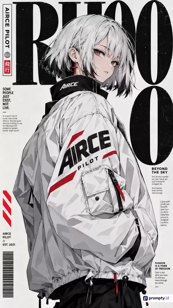 Gambar bergaya majalah modern dengan ilustrasi anime beresolusi tinggi ini menampilkan seorang gadis berambut putih pendek bermata merah yang mengenakan jaket pilot putih-hitam bertuliskan AIRCE PILOT, dengan dominasi warna putih, hitam, dan merah, serta kata kunci anime, fashion, majalah, pilot, dan estetika futuristik.
