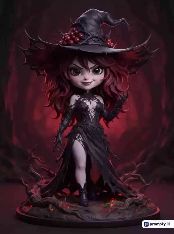 Gambar bergaya figurin 3D chibi dengan konten penyihir wanita berambut merah dan gaun hitam berduri ini memiliki kata kunci fantasi, horor, dan patung, serta didominasi oleh warna hitam, merah tua, dan abu-abu.