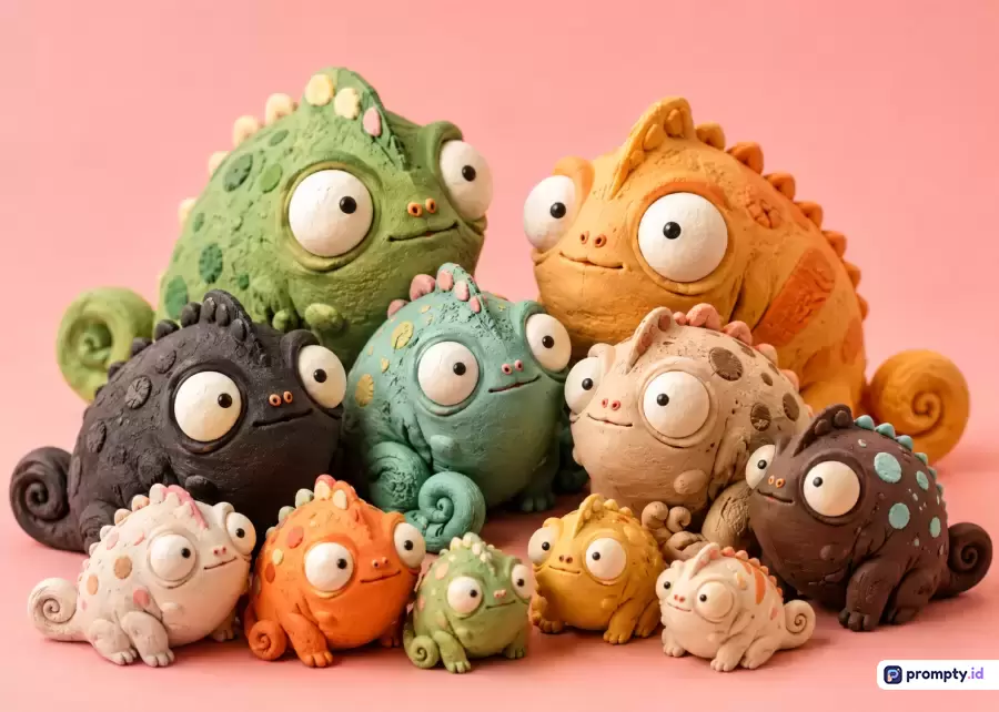 Gambar ini menampilkan gaya seni pahatan tanah liat 3D yang menggemaskan dengan konten kelompok figurin bunglon kartun berukuran variatif, kata kunci seni tanah liat, bunglon lucu, karakter kartun, figurin kreatif, serta warna dominan hijau, oranye, dan merah muda, yang semuanya dirangkum dalam satu kalimat deskriptif ini.