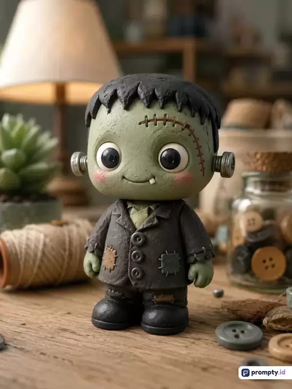 Gambar bergaya mainan vinil (*vinyl toy*) atau figur koleksi bertekstur tanah liat ini menampilkan karakter Frankenstein yang menggemaskan dengan mata besar, jahitan di kepala, dan setelan jas bertambal di atas meja kayu yang dihiasi lampu tidur, benang, toples kancing, serta sukulen dengan tiga warna dominan hijau zaitun, abu-abu gelap, dan cokelat kayu.