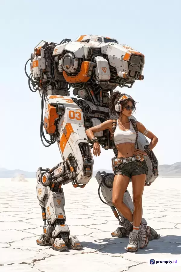 Gambar bergaya seni digital fiksi ilmiah ini menampilkan seorang wanita berambut kuncir kuda mengenakan pakaian kasual gurun yang berdiri bersandar pada robot mech bipedal raksasa putih-oranye di lanskap gurun garam yang cerah, dengan dominasi warna putih, oranye, dan abu-abu, serta kata kunci: mech, fiksi ilmiah, robot, wanita, gurun, sci-fi, mecha, futuristic.