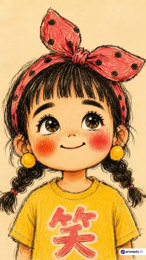 Gambar ilustrasi bergaya sketsa krayon tangan ini menampilkan potret anak perempuan ceria berambut hitam dikepang dua dengan pita merah bertotol hitam dan kaos kuning beraksen tulisan, memiliki komposisi warna dominan kuning, merah, dan hitam, serta kaya akan kata kunci anak ceria, seni ilustrasi, dan estetika retro.