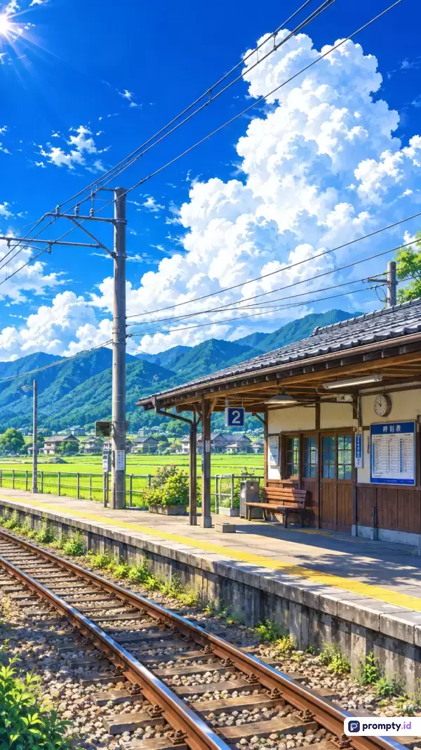 Gambar ilustrasi bergaya anime Jepang ini menampilkan stasiun pedesaan yang tenang di bawah langit biru cerah dengan awan cumulus putih besar, menampilkan konten rel kereta api, peron, dan latar belakang pegunungan hijau dengan kata kunci stasiun, anime, pedesaan, musim panas, dan kereta, serta didominasi oleh warna biru, putih, dan hijau.