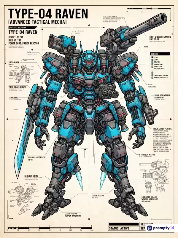 Gambar bergaya ilustrasi sketsa teknis mecha fiksi ilmiah (sci-fi) berwarna dengan konten diagram spesifikasi robot tempur Type-04 Raven lengkap dengan label anotasi dan teks bahasa asing, menggunakan kata kunci seperti mecha, robot, sketsa, blueprint, militer, dan futuristik, serta didominasi oleh warna biru cyan, abu-abu tua, dan krem terang.