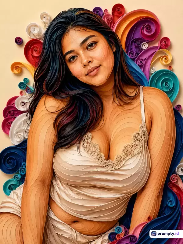Gambar berformat digital ini menampilkan potret wanita dengan gaya seni kertas gulung (paper quilling) yang unik dan bertekstur, berisi konten visual seorang wanita berpakaian tank top krem di antara latar belakang dekorasi gulungan kertas warna-warni yang kaya, dengan kata kunci seni kertas, potret wanita, tekstur, kreatif, dan dekoratif, serta didominasi oleh warna krem, merah, dan biru, dengan tiga warna dominan yaitu krem, merah, dan biru.