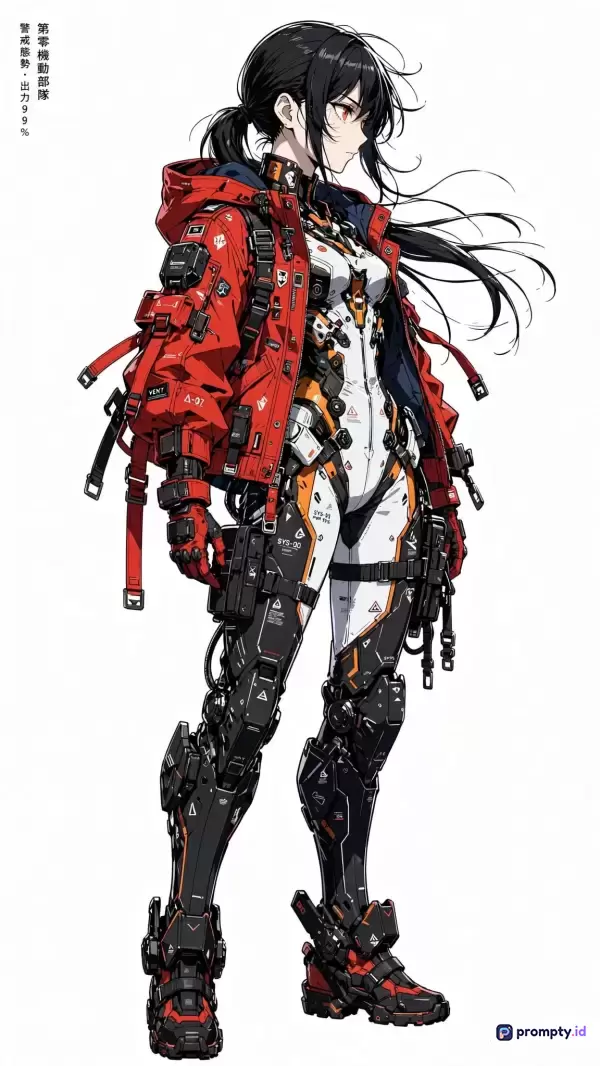 Gambar bergaya ilustrasi anime digital ini menampilkan konten karakter wanita berambut hitam berponi panjang dengan gaya rambut kuncir kuda yang mengenakan jaket merah tebal dan pakaian tempur futuristik berteknologi tinggi, dengan kata kunci karakter anime, wanita fiksi ilmiah, pakaian tempur, jaket merah, dan sibernetik, serta didominasi oleh warna merah, hitam, dan putih.