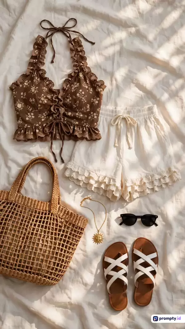 Gambar bergaya datar (flat lay) ini menampilkan konten fesyen musim panas bertema boho-chic yang terdiri dari atasan halter cokelat bermotif bunga, celana pendek putih berenda, tas anyaman jerami, sandal tali, kacamata hitam, serta kalung matahari, dengan kata kunci fesyen, pantai, pakaian wanita, musim panas, dan estetika, yang didominasi oleh warna cokelat, putih, dan krem.