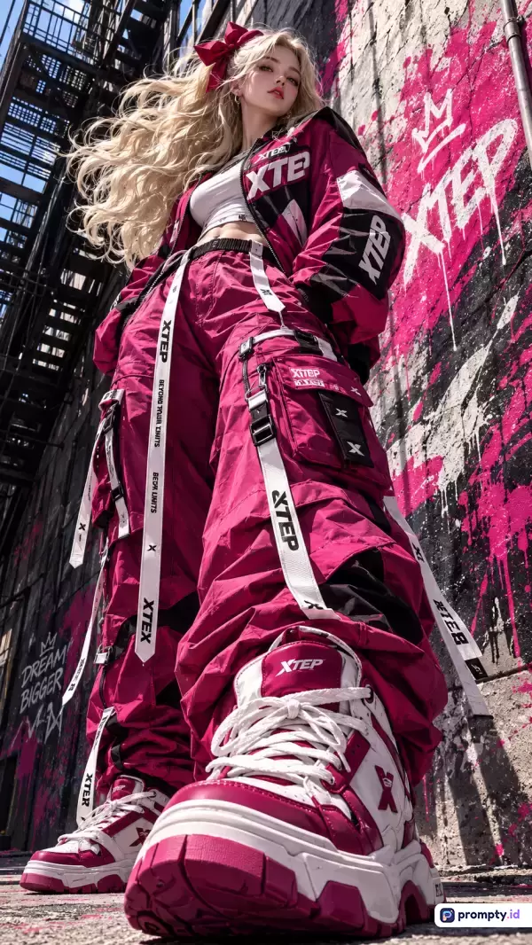 Gambar bergaya fotografi mode urban yang menampilkan seorang wanita berambut pirang mengenakan jaket, celana kargo, dan sepatu kets tebal bernuansa merah magenta, putih, dan hitam dengan latar belakang dinding grafiti dan tangga besi, serta menggunakan kata kunci mode jalanan, gaya hidup, tren masa kini, dan estetika modern, dengan tiga warna dominan yaitu magenta, putih, dan hitam.