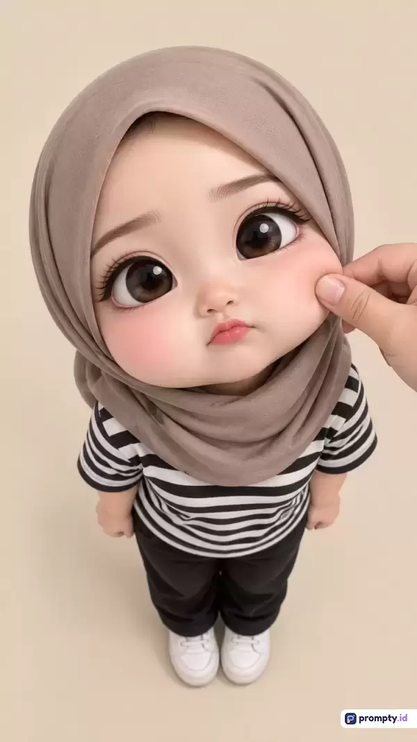 Gambar bergaya kartun 3D yang menggemaskan ini menampilkan konten seorang anak perempuan berhijab abu-abu dan kaos belang-belang sedang dicubit pipinya, dengan tiga warna dominan yaitu krem, cokelat, dan hitam, serta kata kunci: anak lucu, hijab, kartun 3D, cubit pipi, dan gaya chibi.