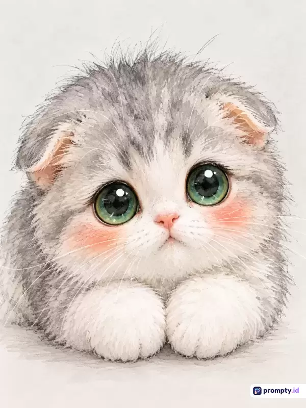 Gambar digital berukuran vertikal dengan gaya ilustrasi cat air ini menampilkan konten seekor anak kucing Scottish Fold abu-abu putih berwajah imut dengan mata hijau besar dan pipi merah muda, yang dihiasi kata kunci anak kucing, ilustrasi, cat air, imut, Scottish Fold, dengan palet tiga warna dominan yaitu abu-abu, putih, dan hijau.